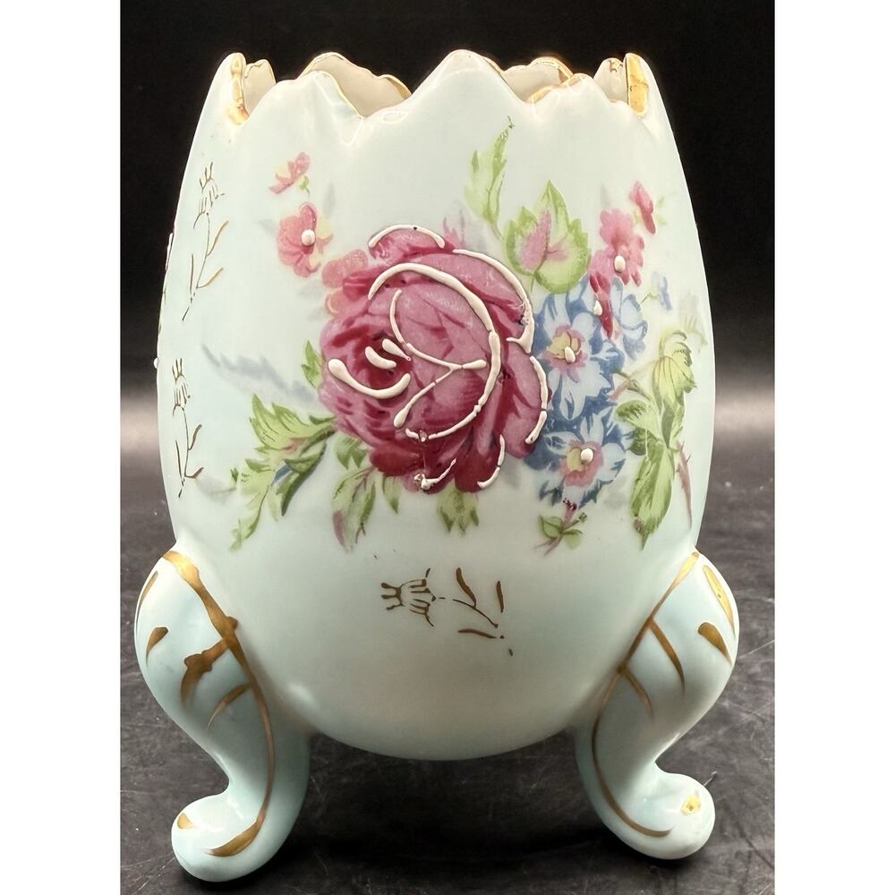 Vintage Napcoware C3199/M Cracked Egg Vase Footed Floral Gold Trim Japan MidMod